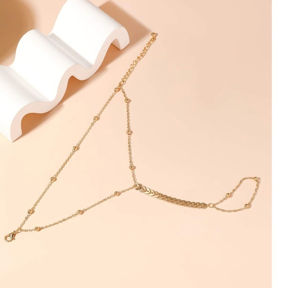 Boho Gold tone Leaf Ring Bracelet Chain Jewelry - Picture 2 of 3